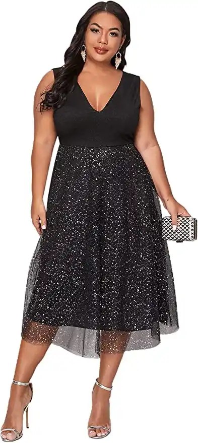 Floerns Women's Plus Size V Neck Sleeveless Contrast Mesh Evening Midi Dress

